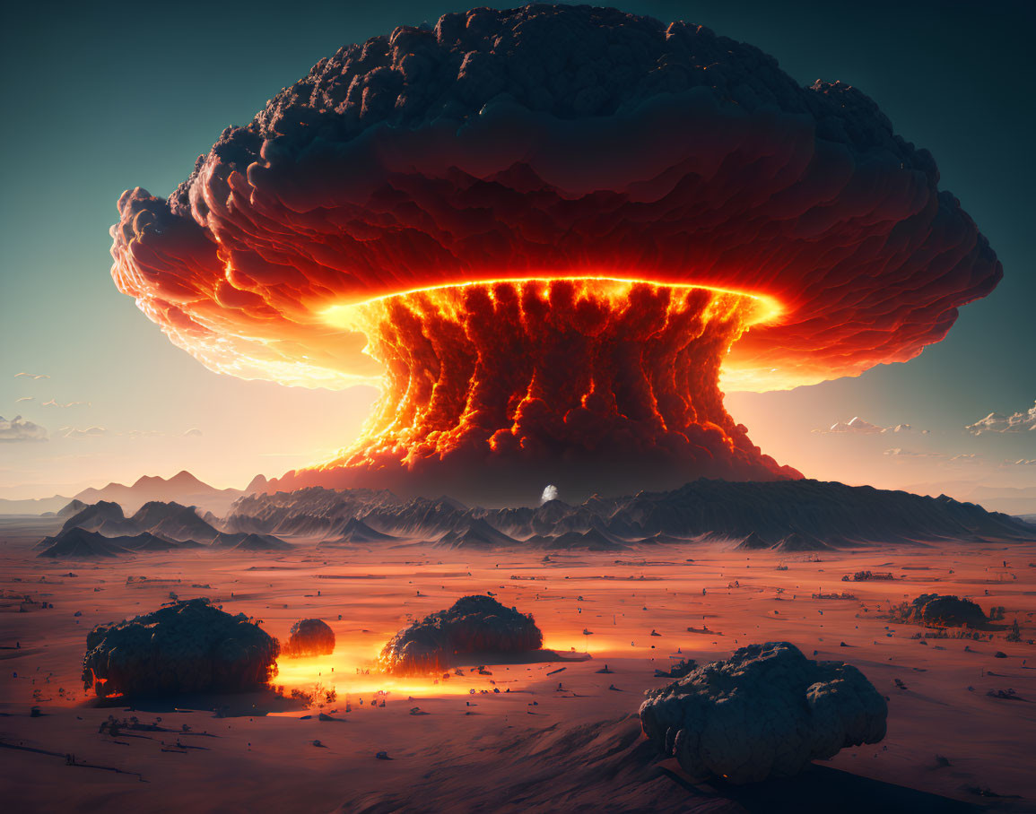 Dramatic nuclear explosion with mushroom cloud in desert