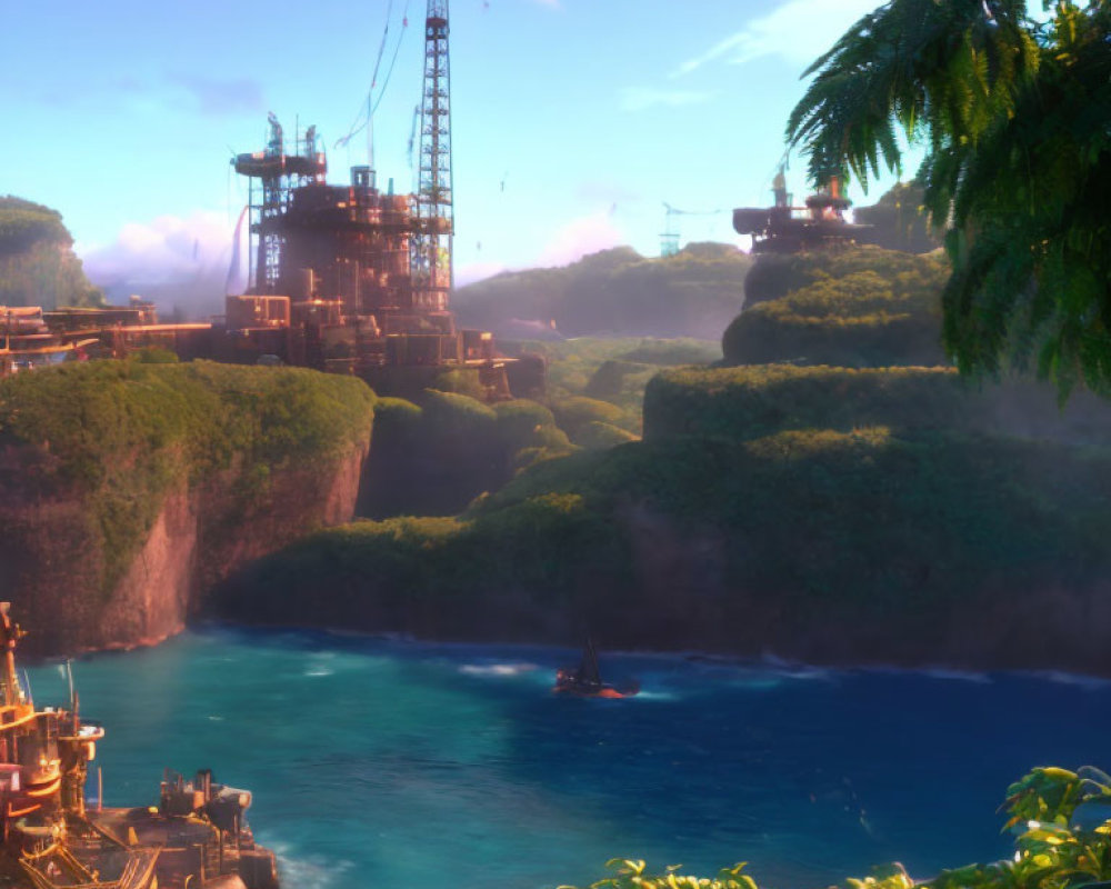 Lush Green Island with Cliffs, Industrial Structures, and Boat