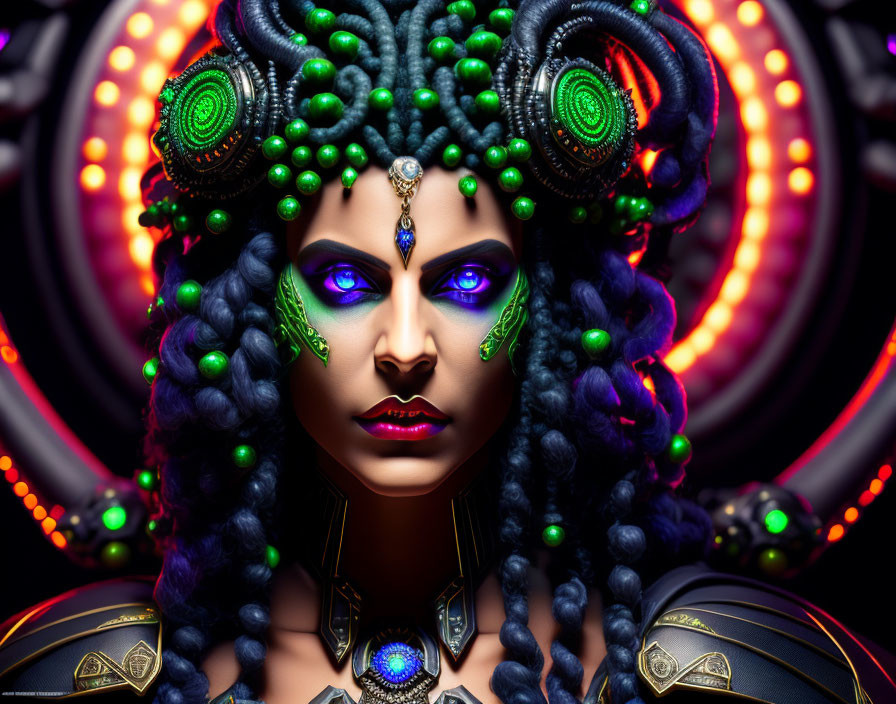 Fantasy character with blue and green headpiece, blue eyes, face paint, glowing circles.