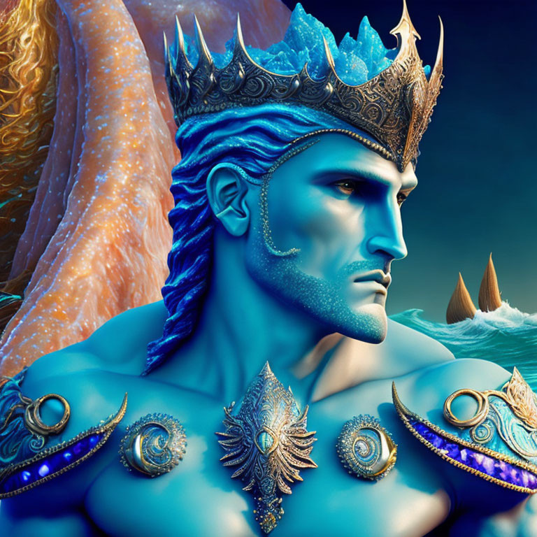 Fantasy artwork of a blue-skinned figure with crystal crown and ocean-themed armor.