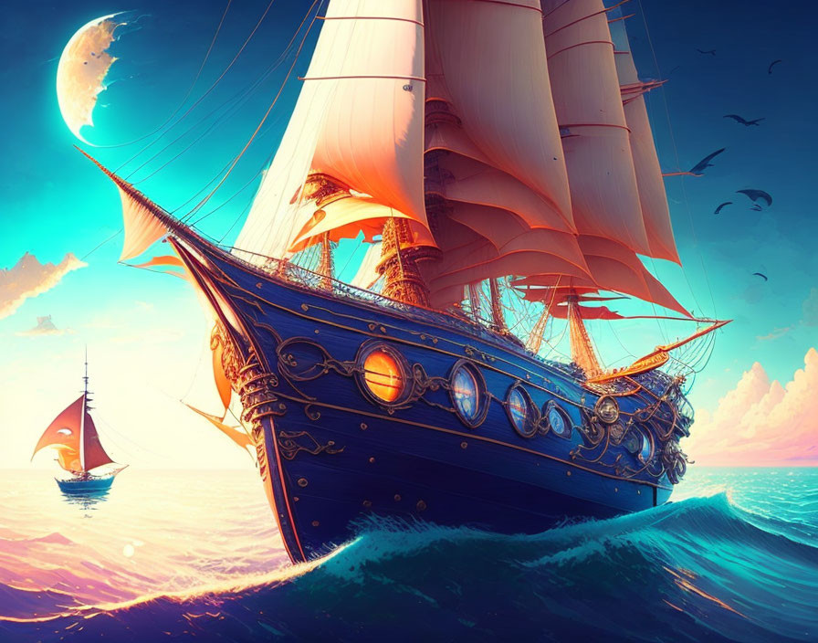Elaborately decorated sailing ship on vibrant blue waves under surreal sky