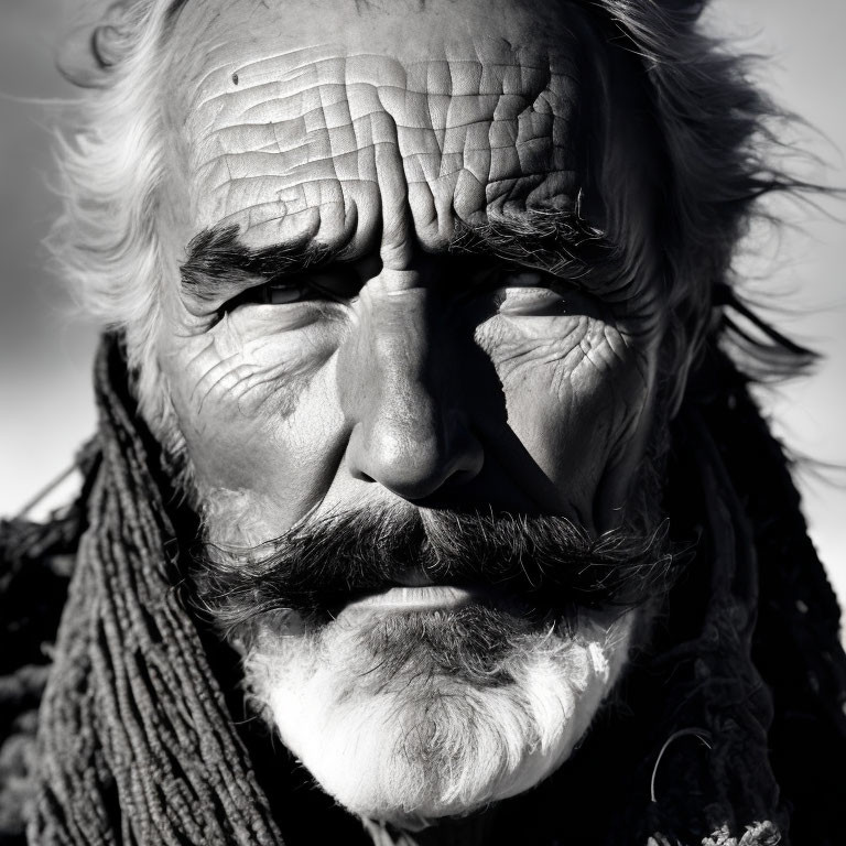 Elderly man with deep wrinkles and white mustache in knitted scarf