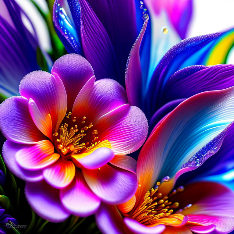 Colorful digital flower art in purple and blue with yellow centers on white background