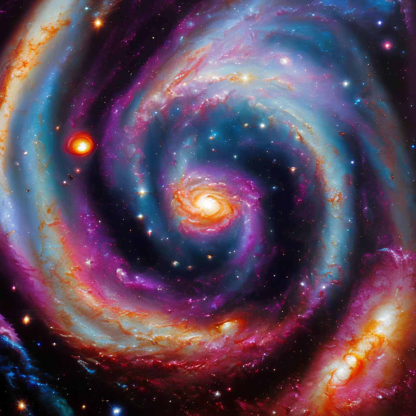 Spiral Galaxy with Swirling Stars and Cosmic Dust in Blue, Purple, and Orange