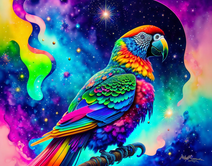 Colorful Parrot on Psychedelic Cosmic Background with Nebulas and Stars