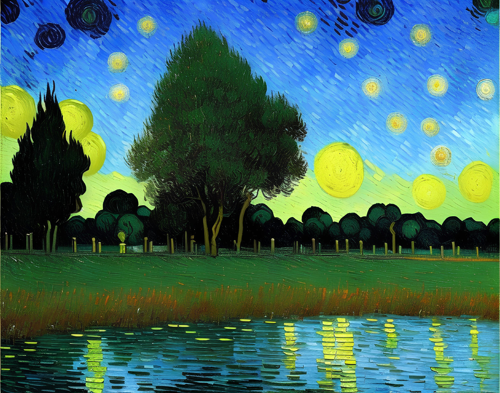 Colorful painting of starry night sky over landscape with swirling patterns and trees reflecting on water