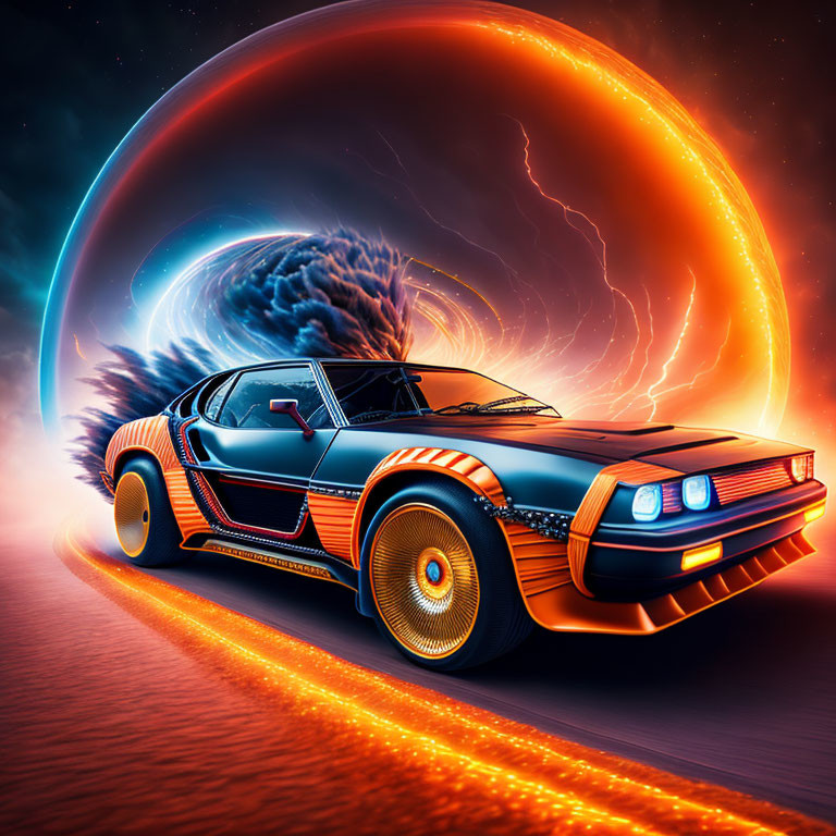 Futuristic car with glowing wheels on road under swirling sky
