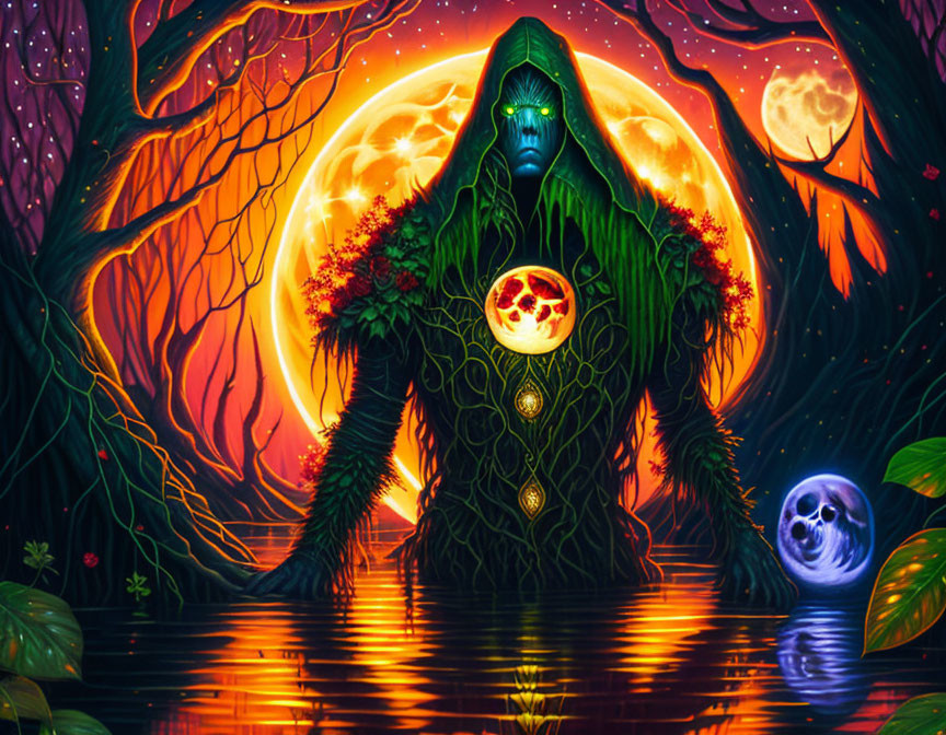 Fantasy illustration of cloaked figure with glowing orb in enchanted setting