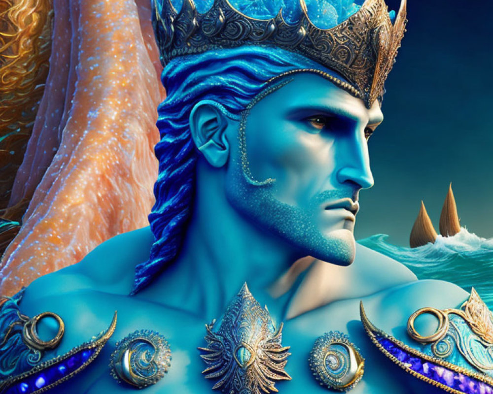 Fantasy artwork of a blue-skinned figure with crystal crown and ocean-themed armor.