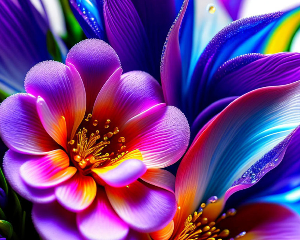 Colorful digital flower art in purple and blue with yellow centers on white background