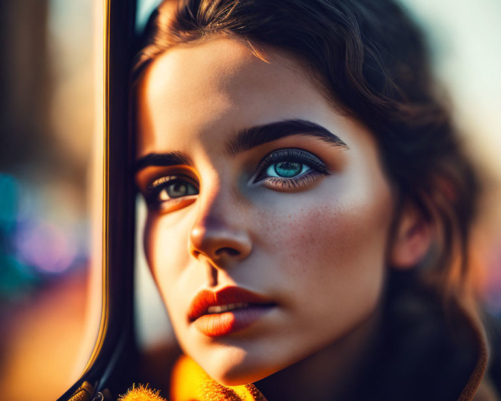 Close-up of young woman with striking eyes and makeup by window in warm sunlight