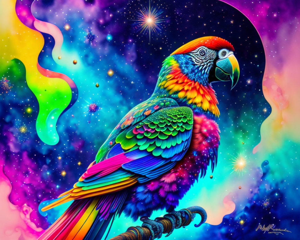 Colorful Parrot on Psychedelic Cosmic Background with Nebulas and Stars