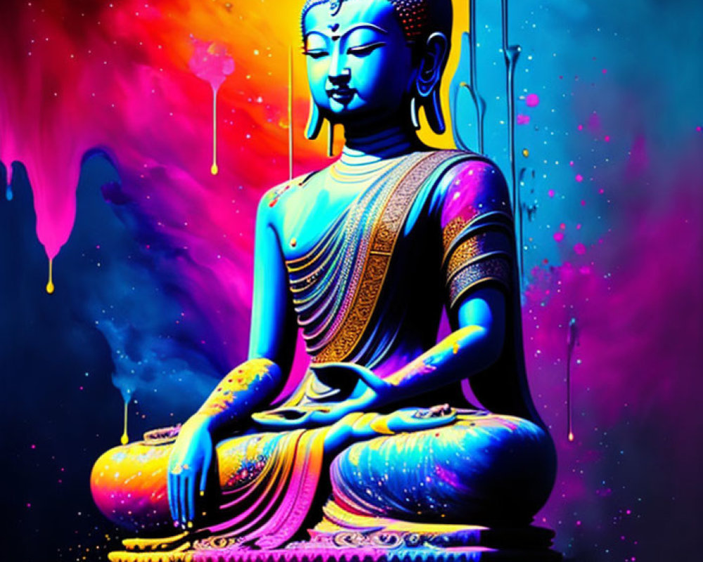 Colorful Digital Art: Seated Buddha in Meditative Pose with Neon Paint Drips
