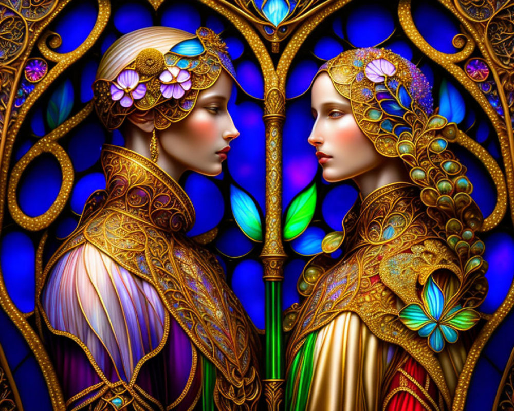 Symmetrically positioned Art Nouveau female figures in vibrant colors