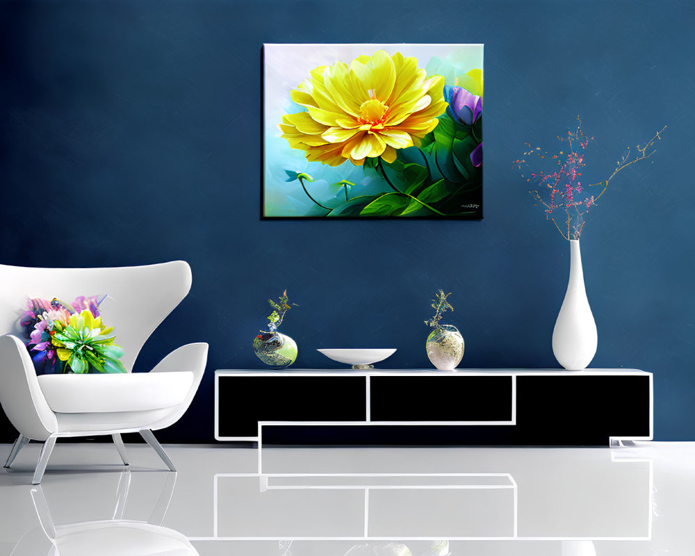 Modern living room with white furniture, black TV stand, floral painting, and blue wall.