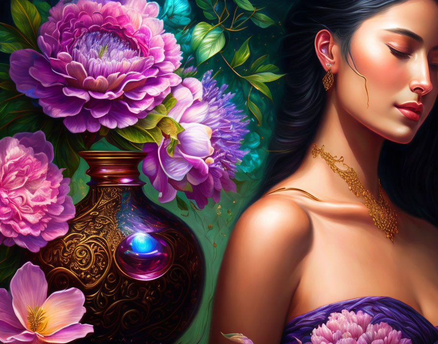 Serene woman with closed eyes surrounded by vibrant flowers and intricate vase