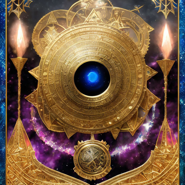Intricate Golden Astrolabe with Celestial Motifs and Blue Orb