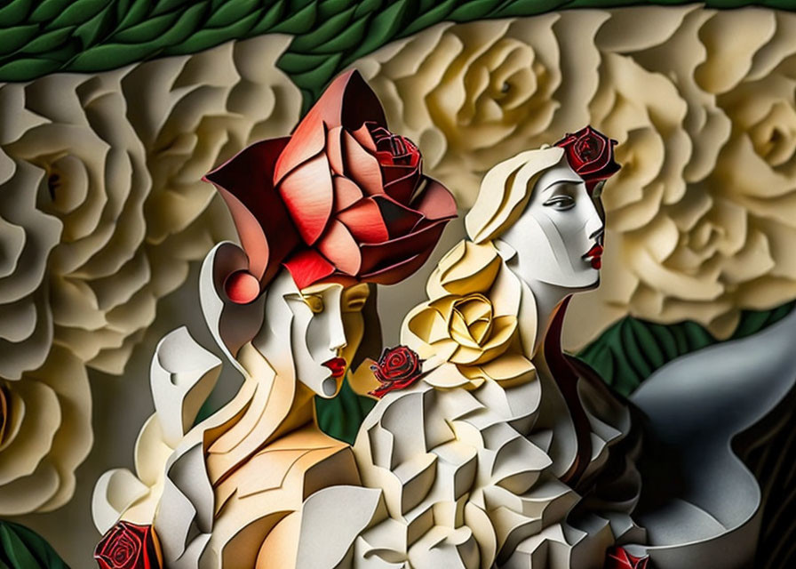 Figural artwork with floral motifs and 3D effect in rich colors
