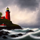 Red lighthouse on rocky island with smaller beacon in stormy sea under dark sky.
