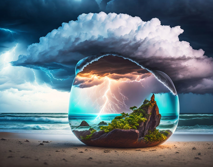 Transparent sphere on beach: surreal island thunderstorm contrast