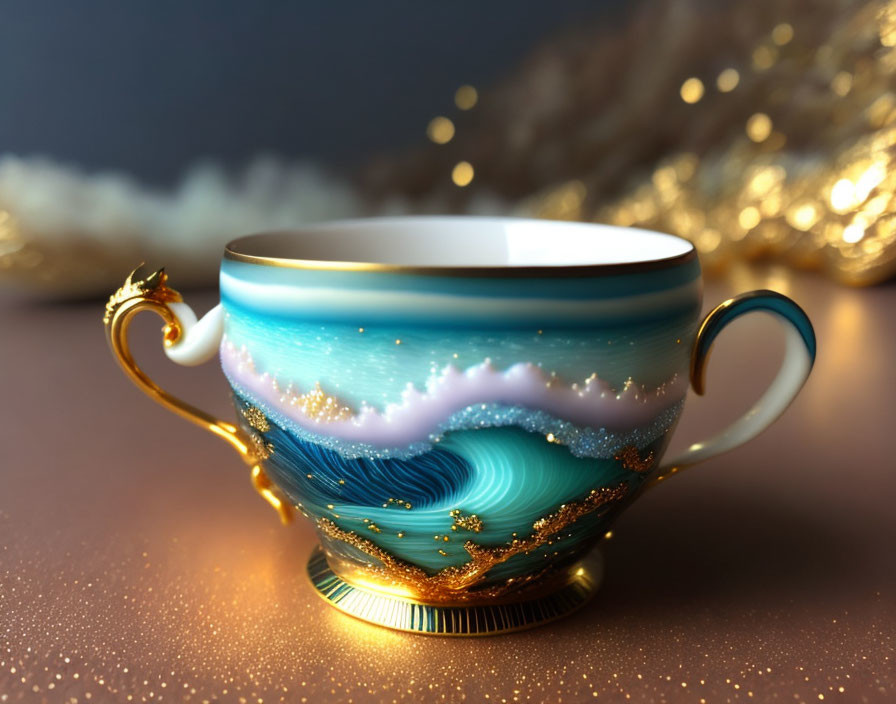 Teal and Gold Ornate Cup with Swirling Pattern on Warm Bokeh Background
