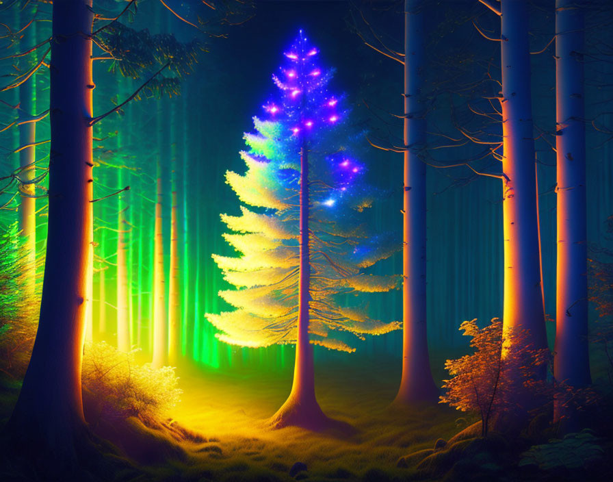 Ethereal illuminated tree in vibrant mystical forest