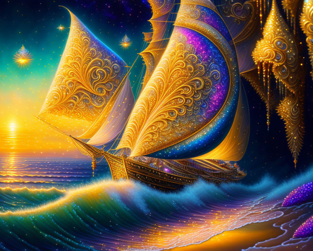 Golden ship with ornate sails glides on a sparkling ocean under a starlit sky