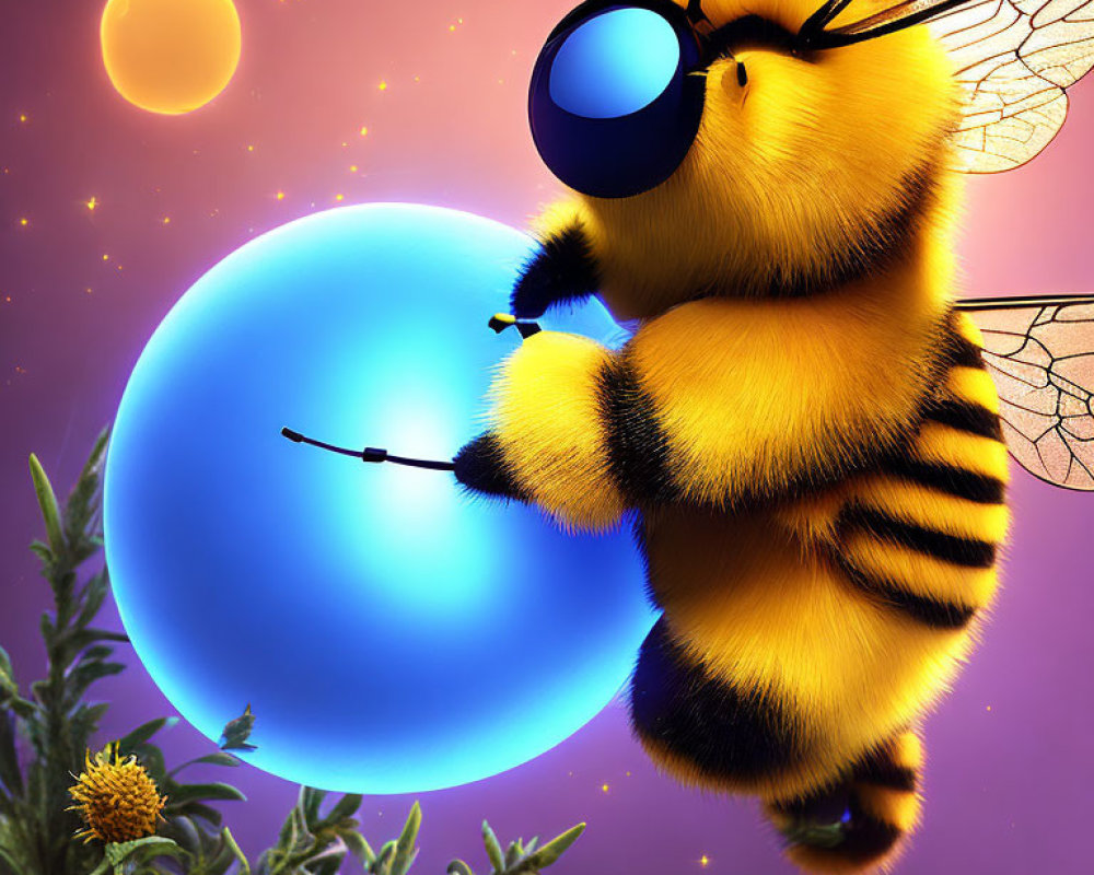 Whimsical illustration of large bee with magnifying glass and glowing blue orb on purple backdrop with flowers