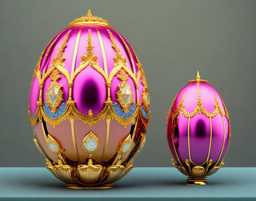 Ornate Fabergé-Style Eggs with Gold and Gem Accents on Cyan Surface