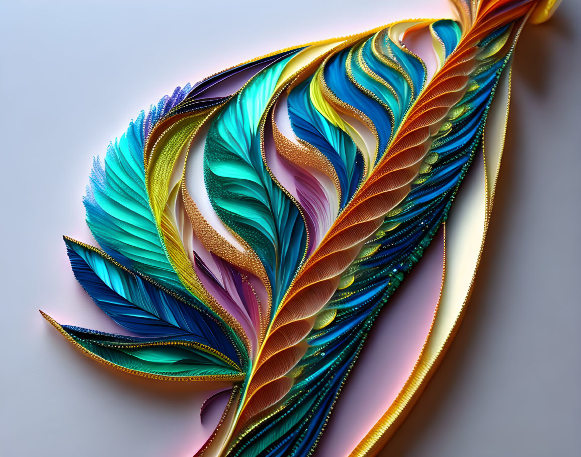 Intricate Paper Art Resembling Feathers in Blue, Gold, and Purple