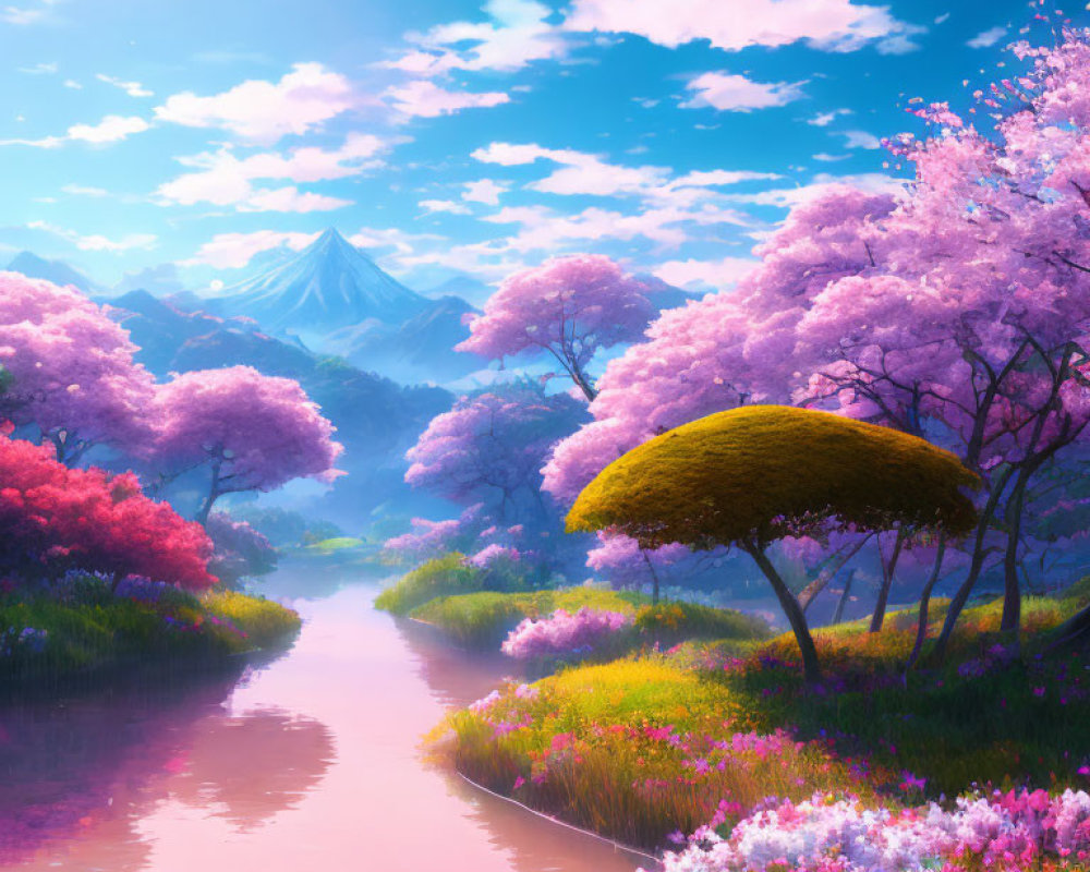 Tranquil landscape with pink cherry blossoms, river, greenery, and snow-capped mountain