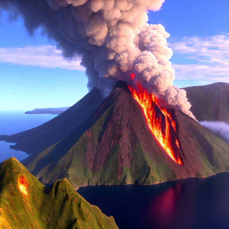Majestic volcanic eruption with flowing lava and smoke amid mountains, water, and sky