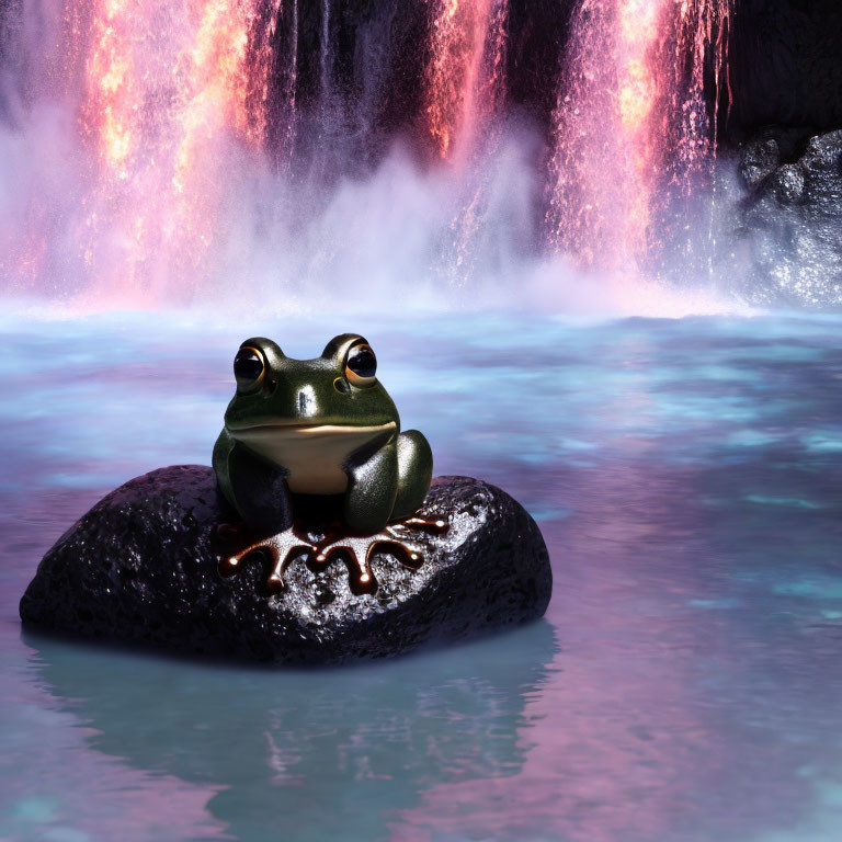 Frog on Rock by Waterfalls with Pinkish Mist