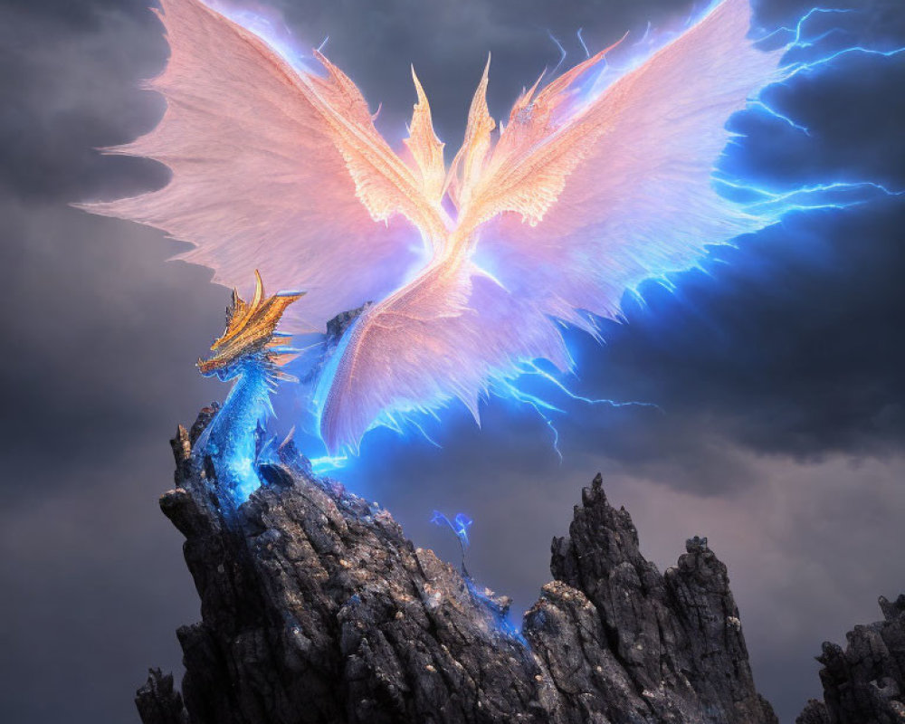 Majestic dragon with glowing blue and orange wings on craggy peak