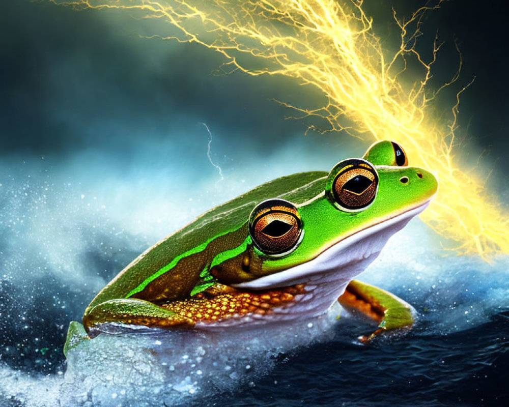 Colorful green frog on water-like surface with lightning and dark clouds