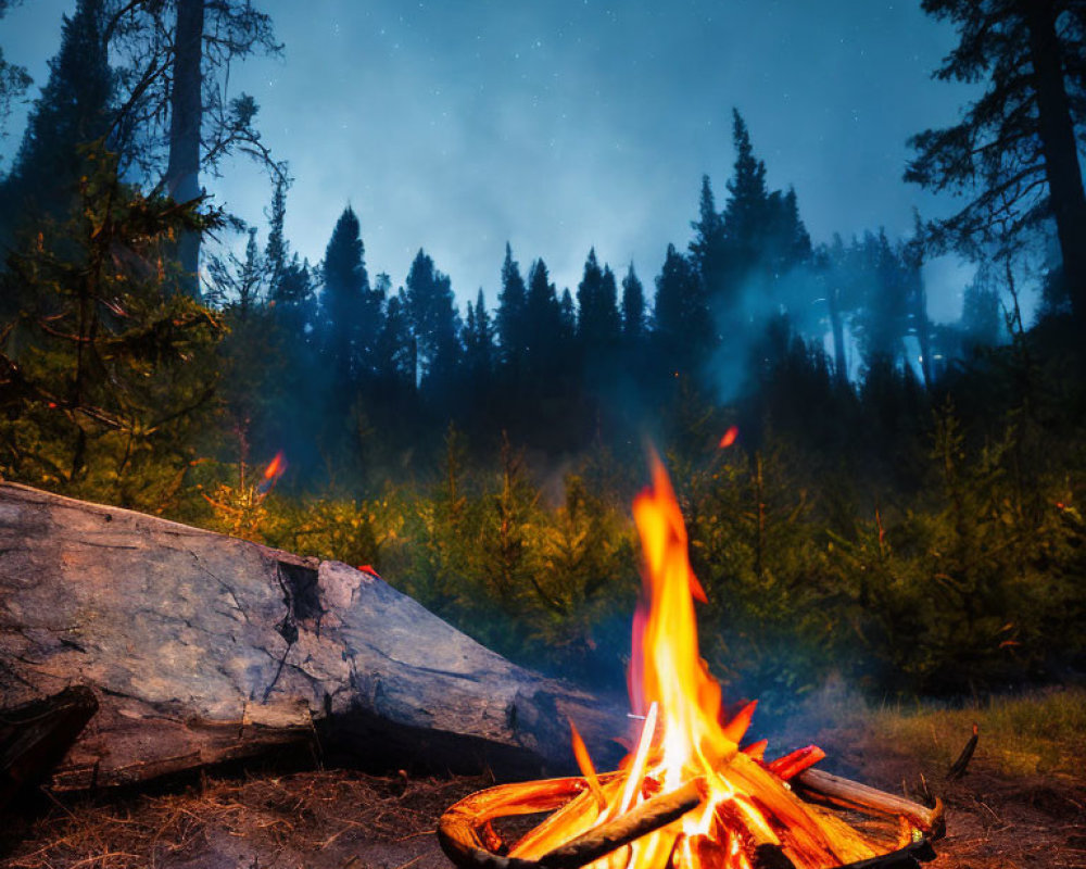 Starry Night Sky Campfire with Pine Trees Silhouettes