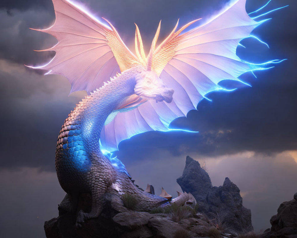 Blue Dragon with Glowing Horns on Craggy Rocks in Stormy Sky