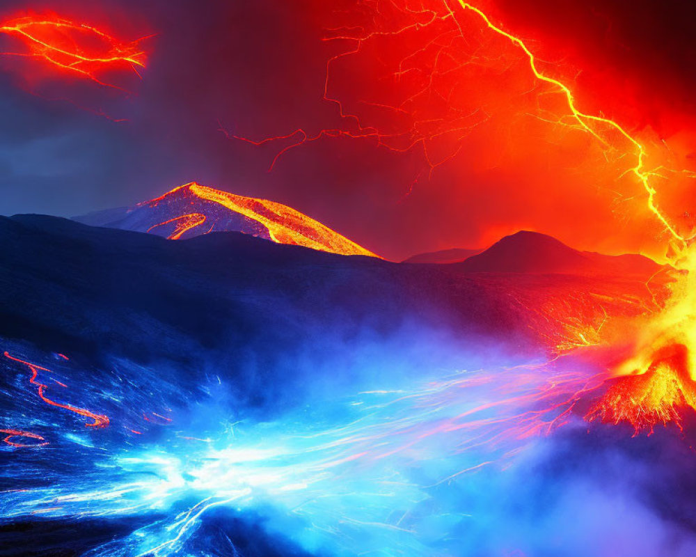 Majestic volcanic eruption with glowing lava and blue smoke under red lightning