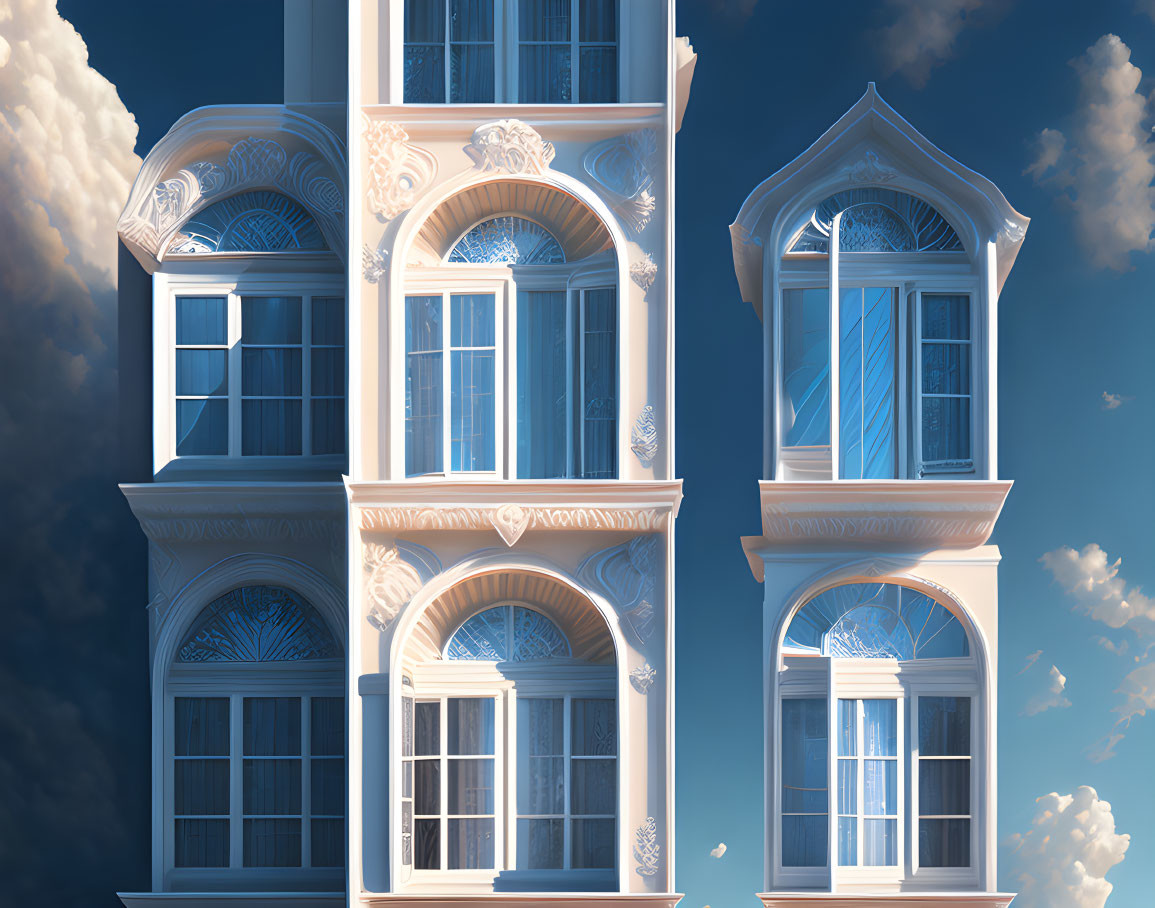 Symmetrical ornate building facade under blue sky