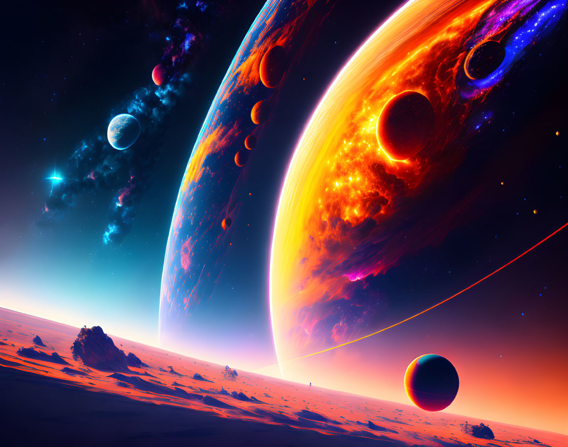 Colorful sci-fi landscape with multiple planets and nebulous glow