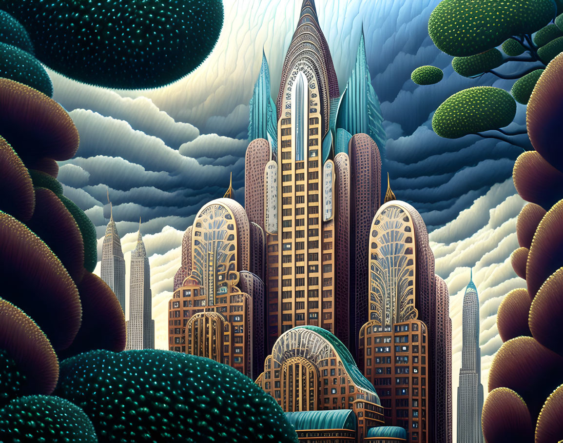 Futuristic cityscape with stylized skyscrapers and lush greenery under dramatic sky