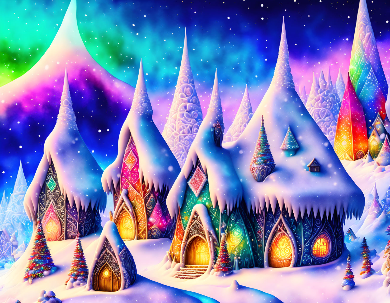 Colorful Winter Fantasy Scene with Whimsical Houses and Trees