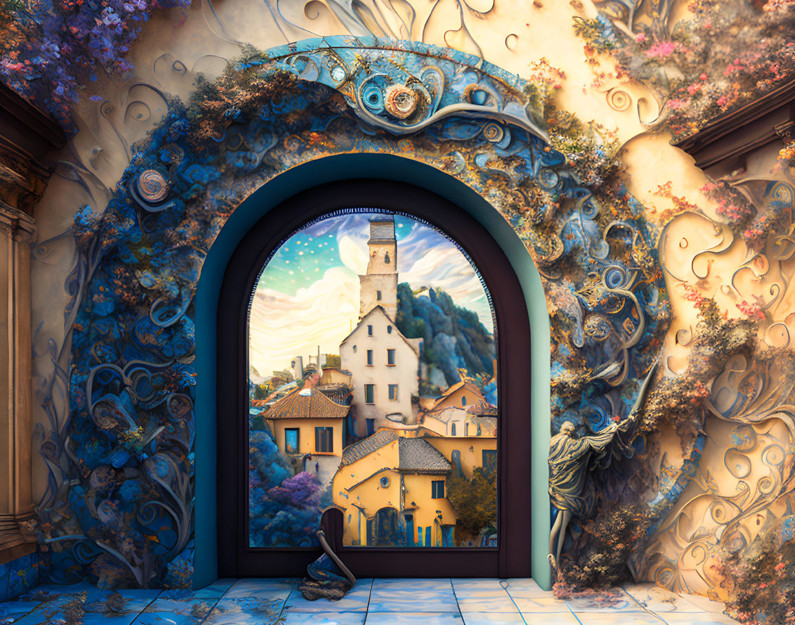Ornate arched window frames whimsical village with tower and starry sky