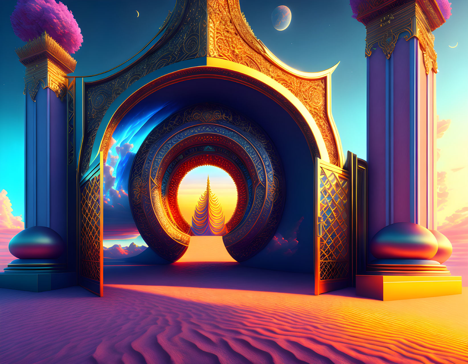 Colorful digital artwork: Mystical arches, glowing horizon, desert sand, columns, surreal sky