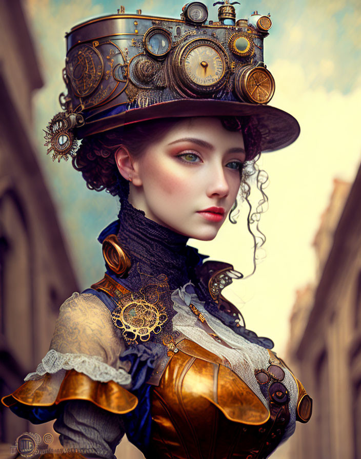 Steampunk-themed woman in Victorian-inspired outfit with gear-adorned hat