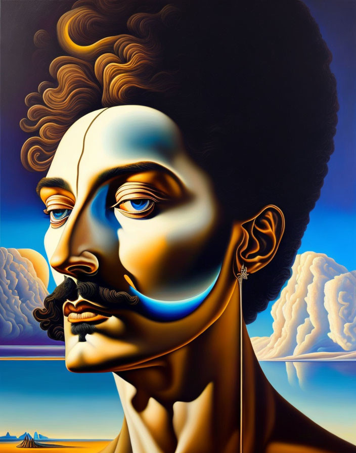 Surreal portrait featuring male and female fusion with facial hair and earrings against cloudy sky and mountain.