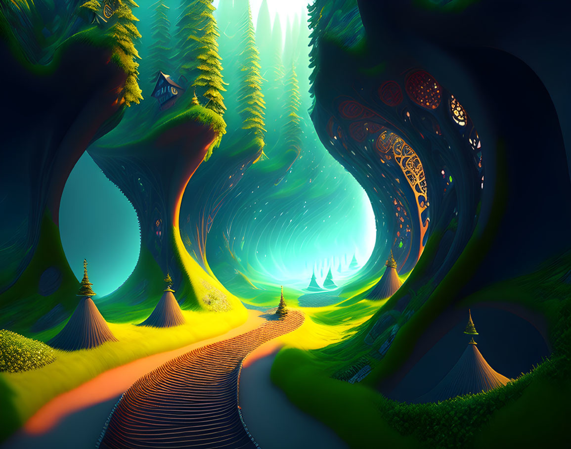 Glowing trees and whimsical structures in a fantasy forest