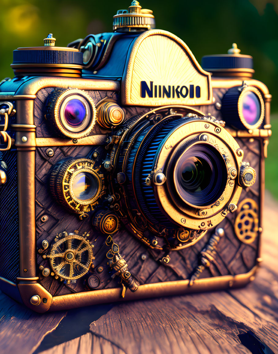 Steampunk-inspired camera with ornate gears and cogs on wooden surface
