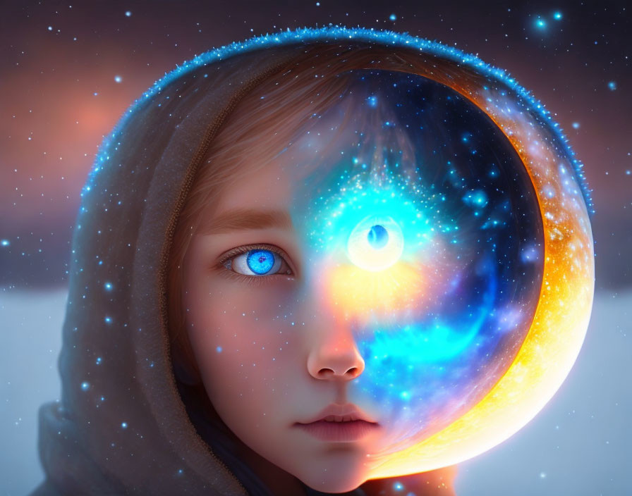 Child with cosmic glowing eye in nebula reflection against starry background