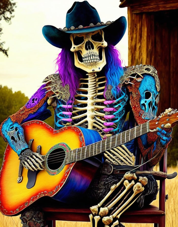 Elaborate Mexican Day of the Dead skeleton with colorful guitar in rustic setting
